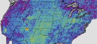 A methane hot spot has been detected over the Four Corners region of the U.S. Southwest. (Yellow and red are higher than average; purple and blue are below average.)