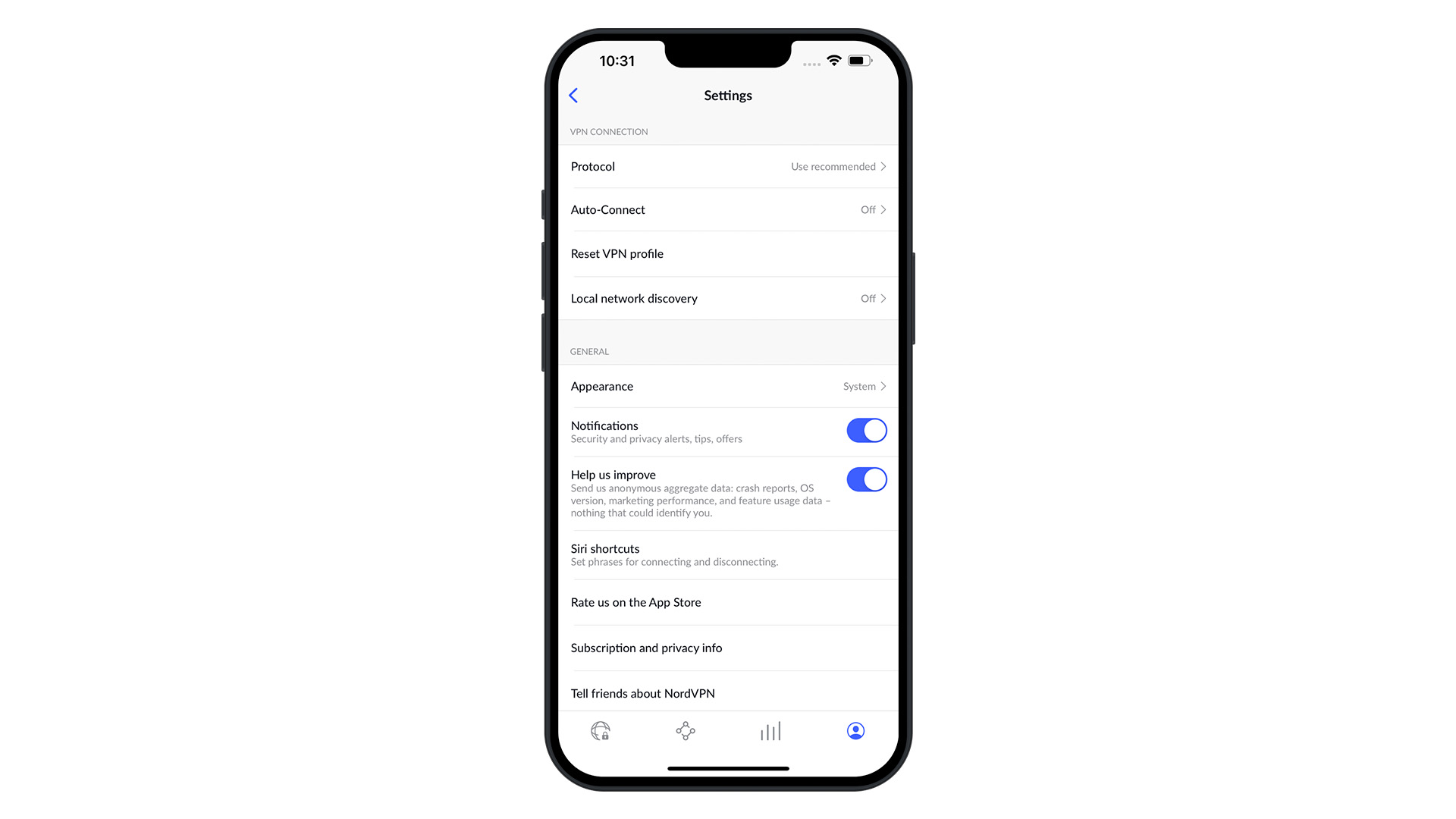 A mobile phone screen showing NordVPN connection settings