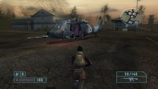 Evacuating on a helicopter in Mercenaries: Playground of Destruction.