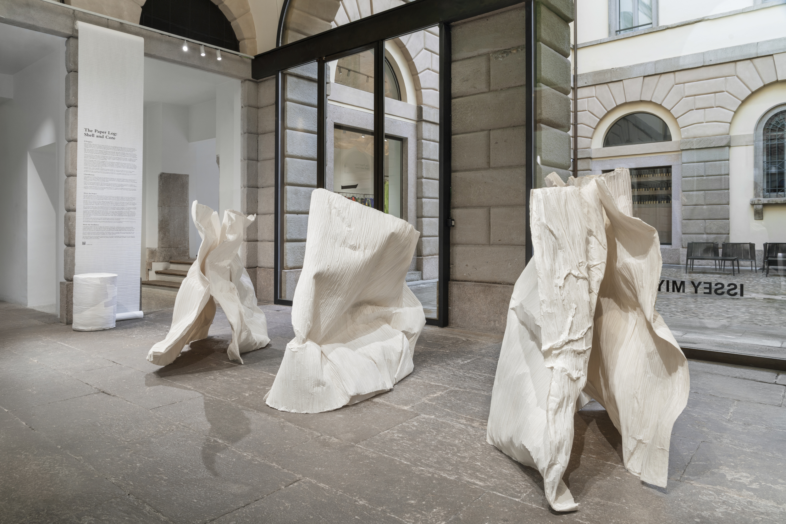 Sculptural paper installation at Issey Miyake store in Milan during Design Week 2026
