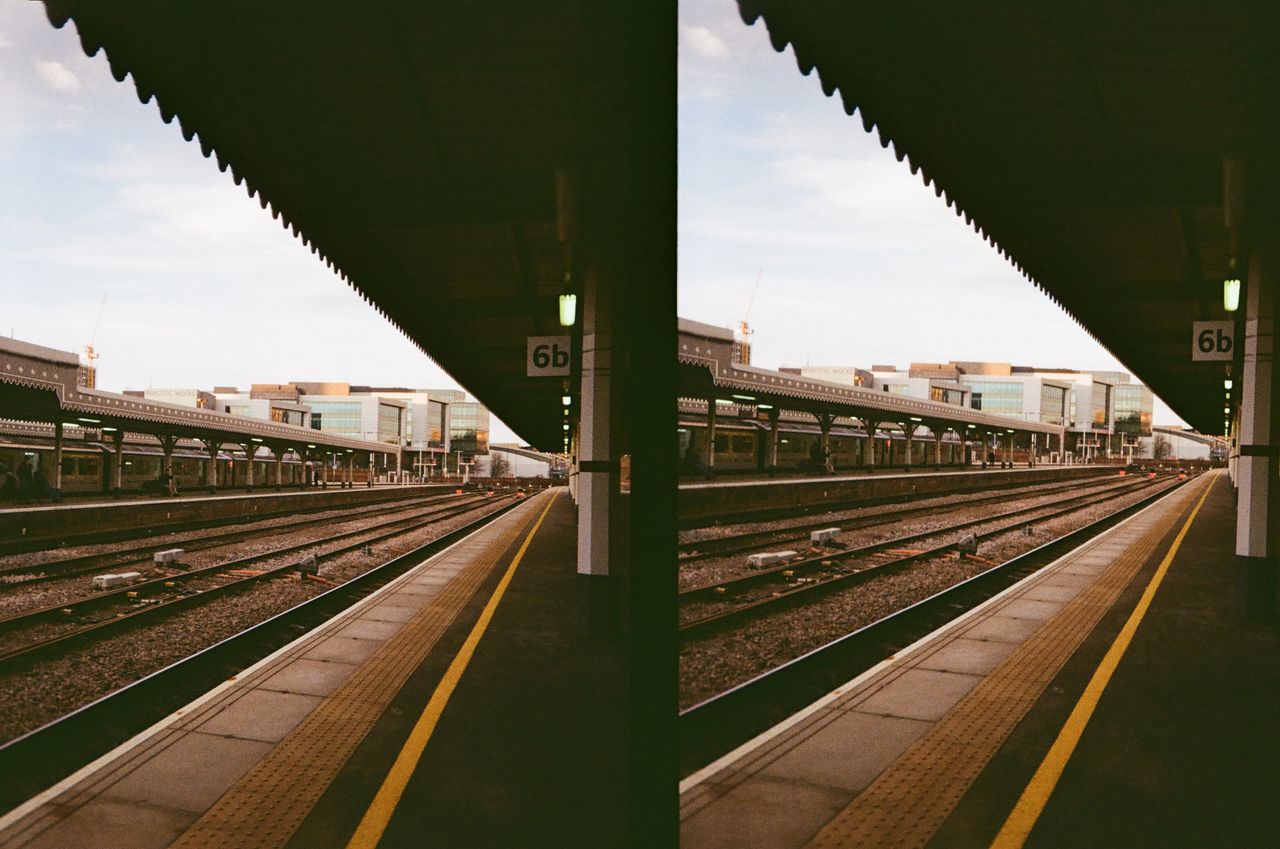 Two photos of a train station taken on a Kodak Ektar H35 Half Frame film camera