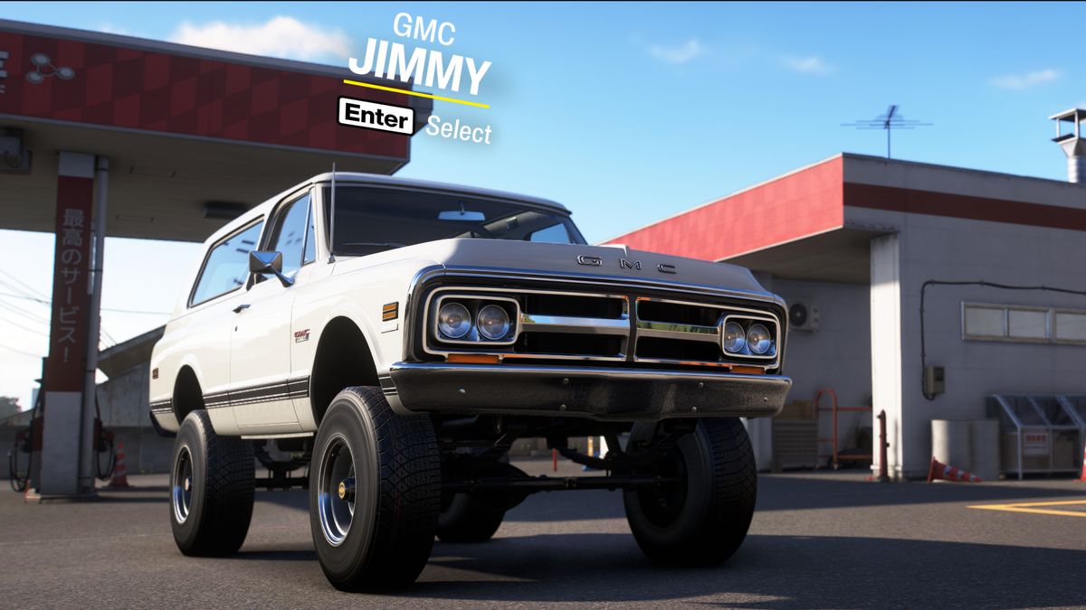 Forza Horizon 6 cars list: The GMC Jimmy starter car outside a fuel station, lined up next to the other choices.