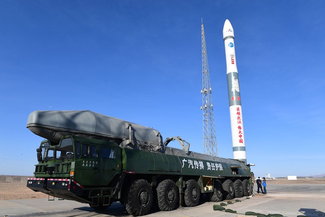 A Kuaizhou 1A rocket stands on its launch pad ahead of the Xingyun-2 01 and 02 satellite launch on May 12, 2020 at the Jiuquan Satellite Launch Center. A similar rocket failed during an attempted launch on Dec. 14, 2021.