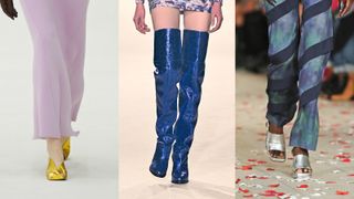 A composite of fall winter shoe trends metallic shoes on the runway