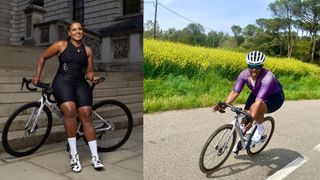 Two portraits of Donna McConnell cycling