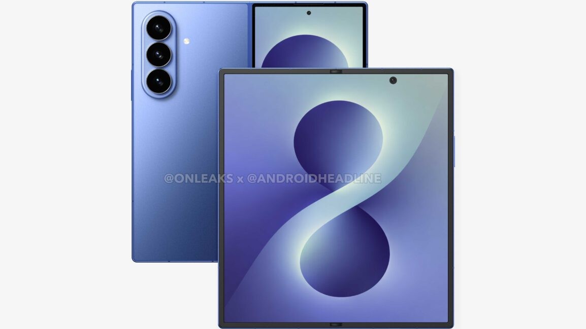 A leaked rendering of the Galaxy Z Fold 8 in blue.