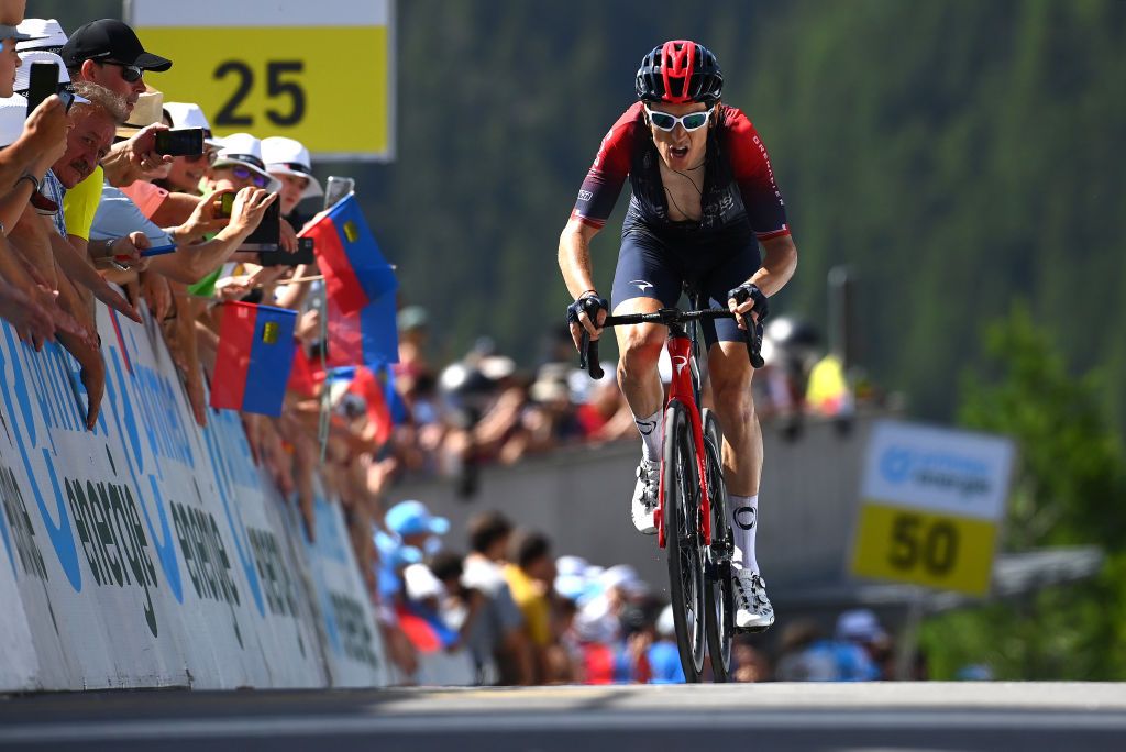 MALBUM SWITZERLAND JUNE 18 Geraint Thomas of The United Kingdom and Team INEOS Grenadiers crosses the finishing line during the 85th Tour de Suisse 2022 Stage 7 a 1946km stage from Ambri to Malbun 1560m tourdesuisse2022 WorldTour on June 18 2022 in Malbun Switzerland Photo by Tim de WaeleGetty Images