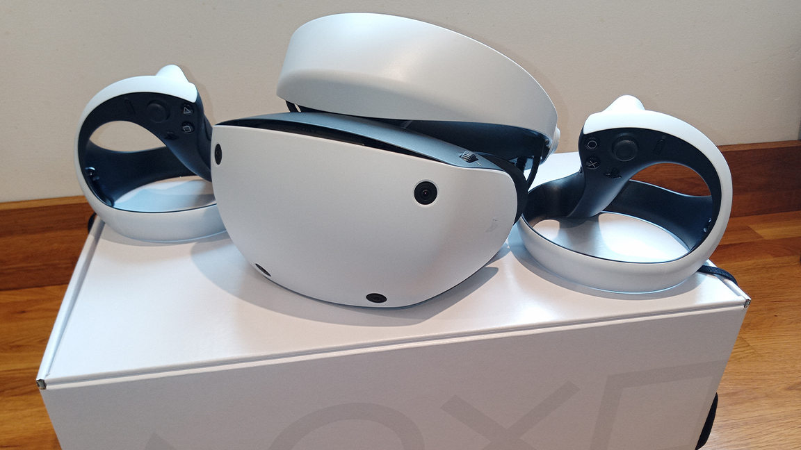 PSVR 2 review; a VR headset on a white box