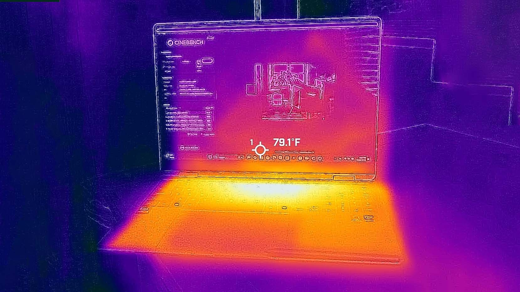 A picture taken with a thermal camera that shows the entire Samsung Galaxy Book5 Pro 360 heat signature. 