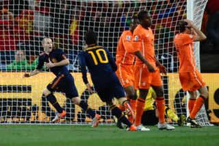 Andres Iniesta celebrates after scoring his winning goal for Spain against the Netherlands in the 2010 World Cup final.