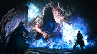 Two armed figures confront a large dragon that is breathing blue fire, surrounded by glowing blue energy and shadows in a dark, fantasy setting.