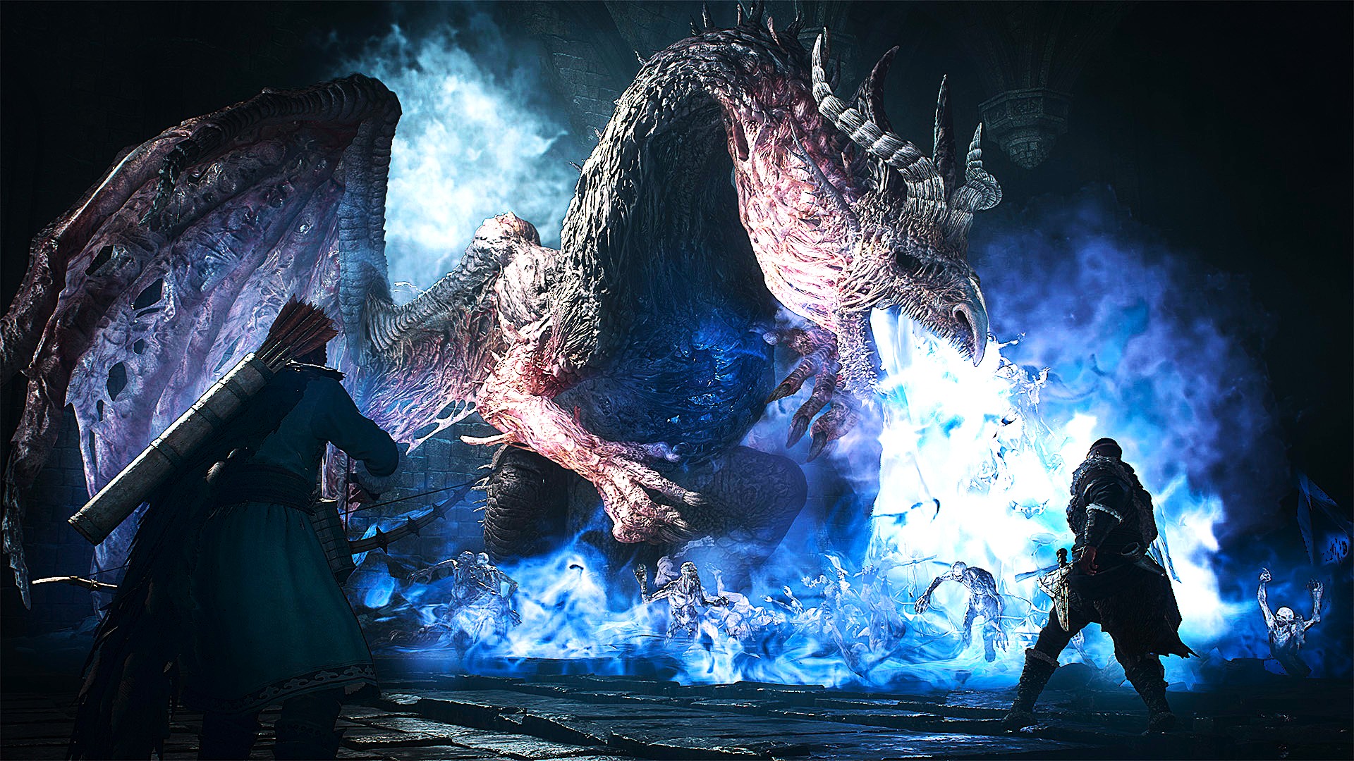 Two armed figures confront a large dragon that is breathing blue fire, surrounded by glowing blue energy and shadows in a dark, fantasy setting.