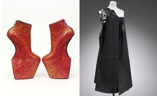 Pictured left, red heelless shoes with a gold pattern by Noritaka Tatehana. 2014. Right, a long black sleeveless dress from ‘132 5’ collection by Issey Miyake.