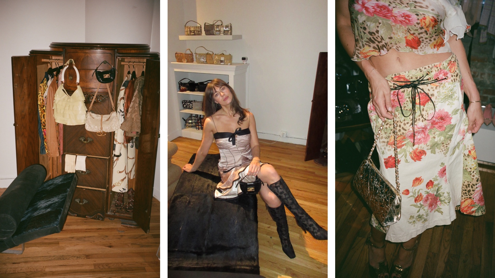 Split image of closet and Kathryn Zahorak wearing vintage fashion with white border