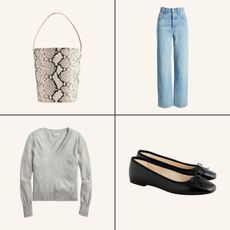 grey sweater, snakeskin bag, high waisted jeans, and ballet flats