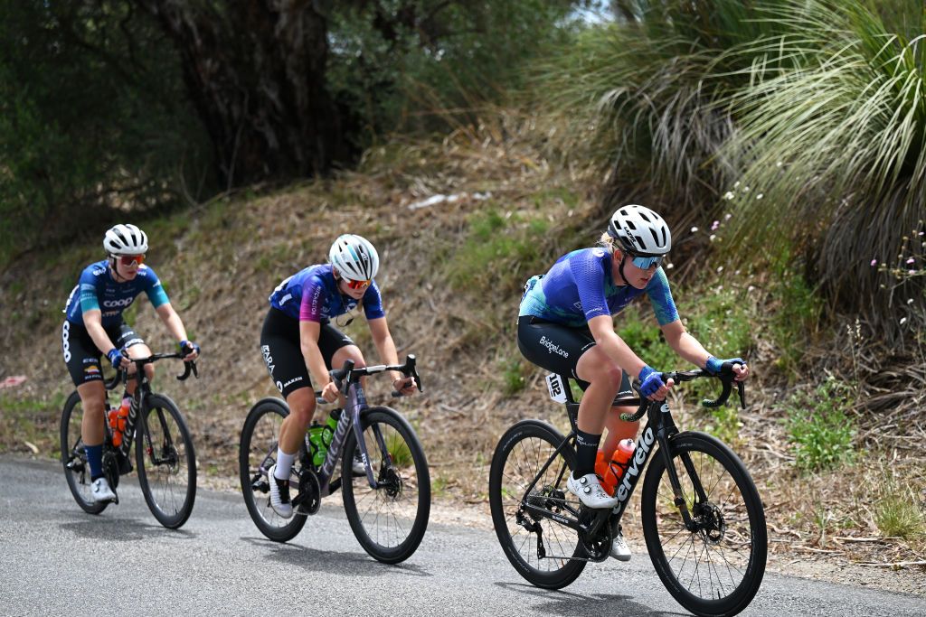 Stine Dale (Coop-Repsol), Lucie Fityus (ARA-Skip Capital) and Haylee Fuller (BridgeLane) in one of the many short-lived breaks of the day