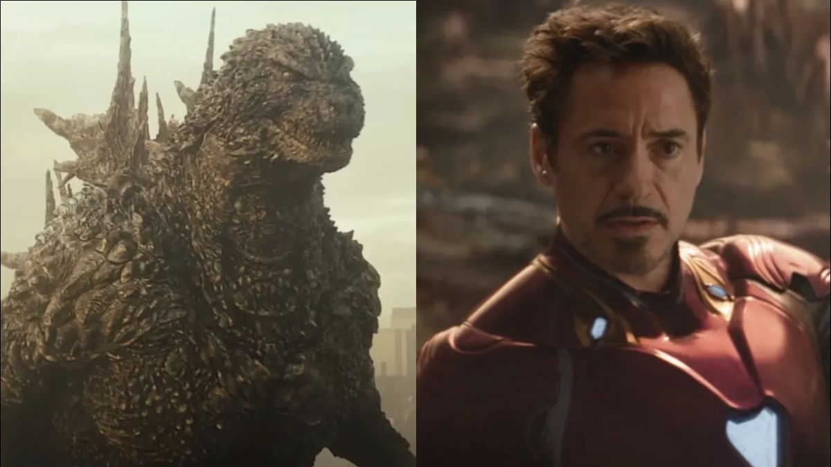 Godzilla stands with a face of menace in Godzilla Minus One, pictured next to a cautious looking Robert Downey Jr. in Avengers: Infinity War.