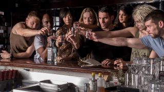 The Sense8 cast toasts a drink at the bar in S2 E5 - "Fear Never Fixed Anything."