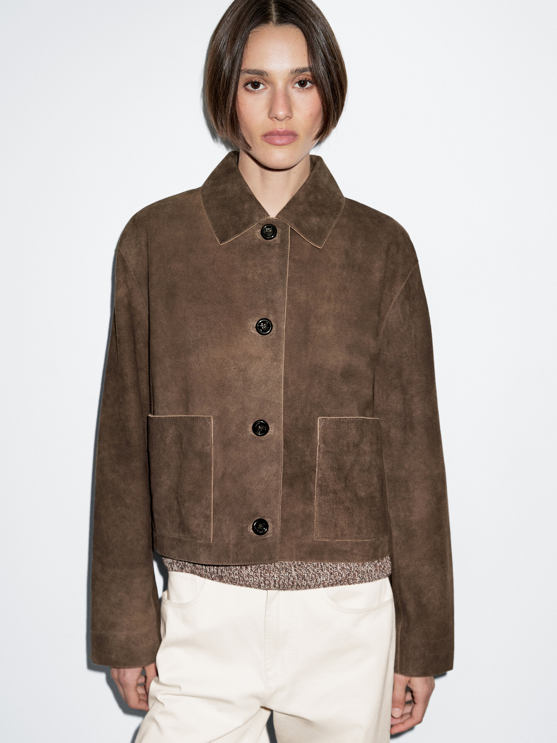 Short Suede Leather Jacket With Pocket Details