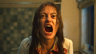 Ella Purnell as Rhiannon Lewis in Sweetpea, drenched in blood and screaming