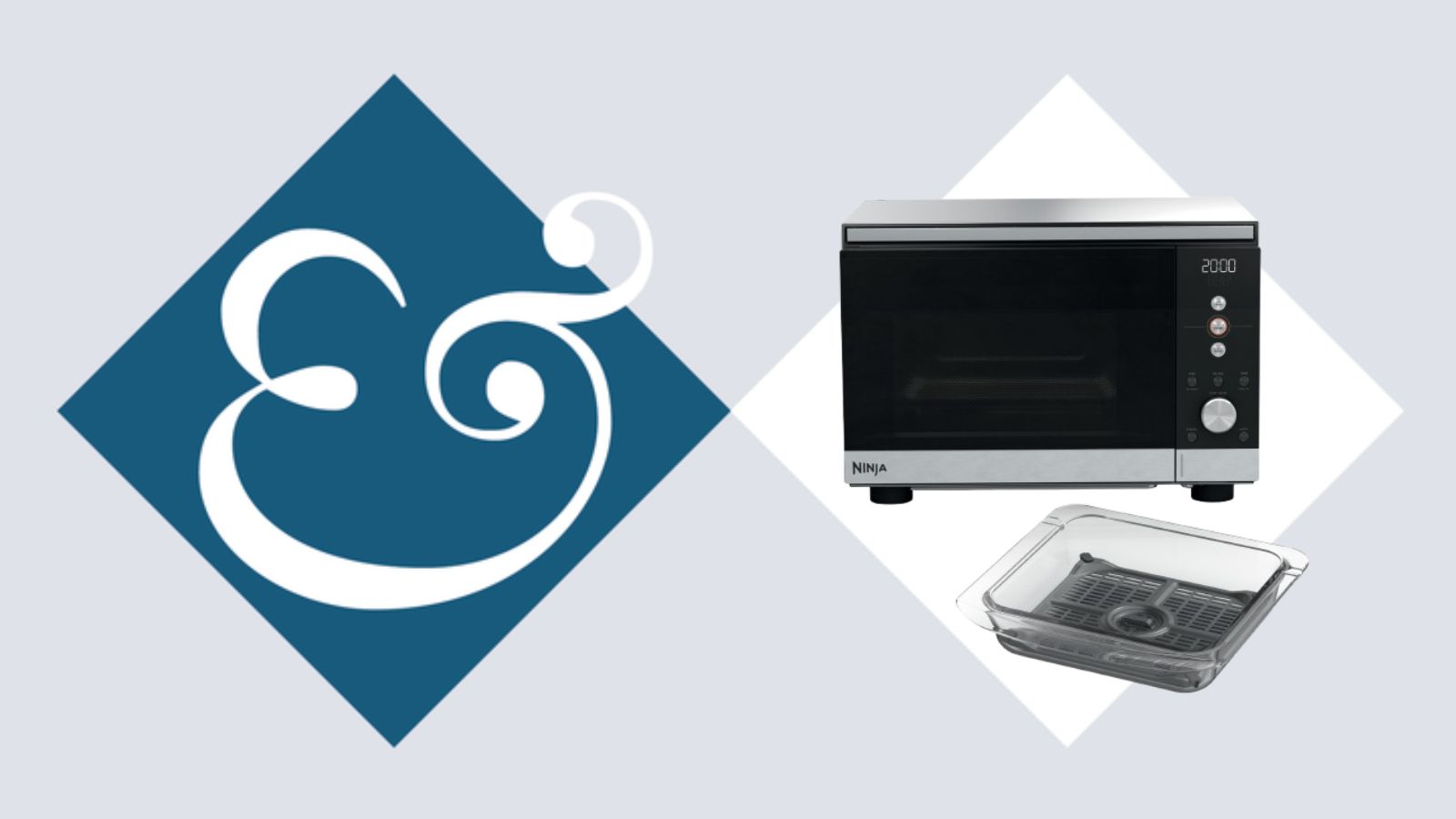 A light blue background with a dark blue diamond with an &amp; inside, and a white diamond with a microwave inside it