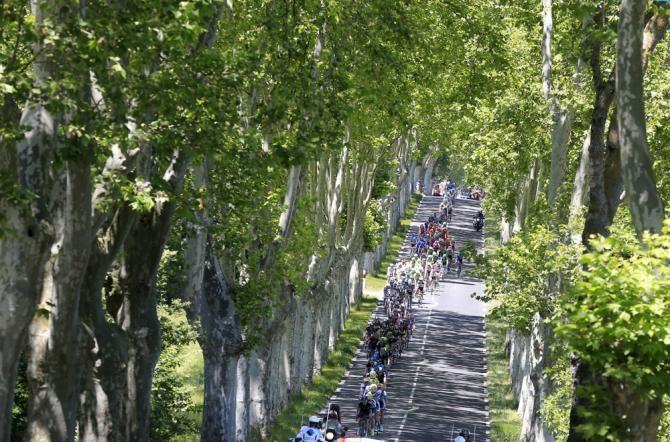 The peloton en route from Castres to Ax 3 Domaines in stage 8 at the Tour de France