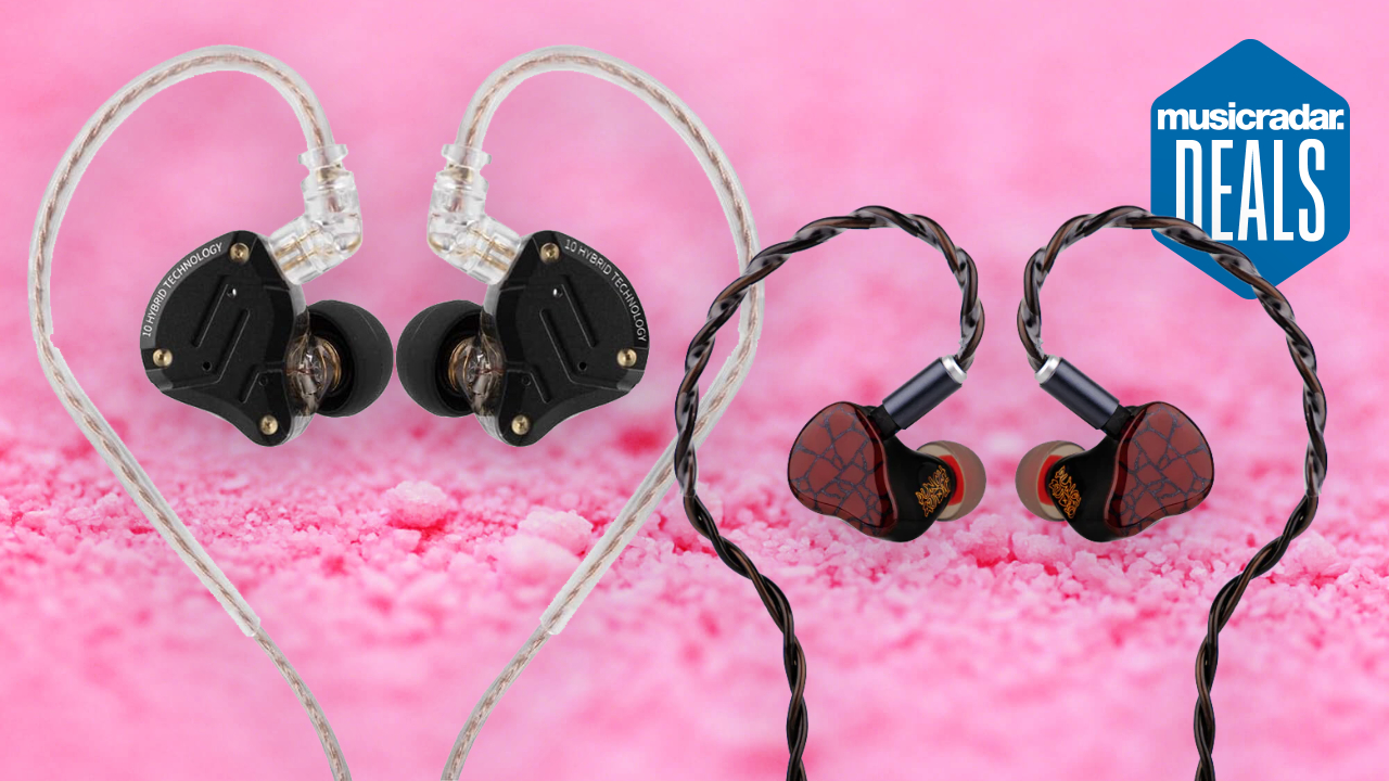 Two pairs of Linsoul in-ear monitors on a pink background
