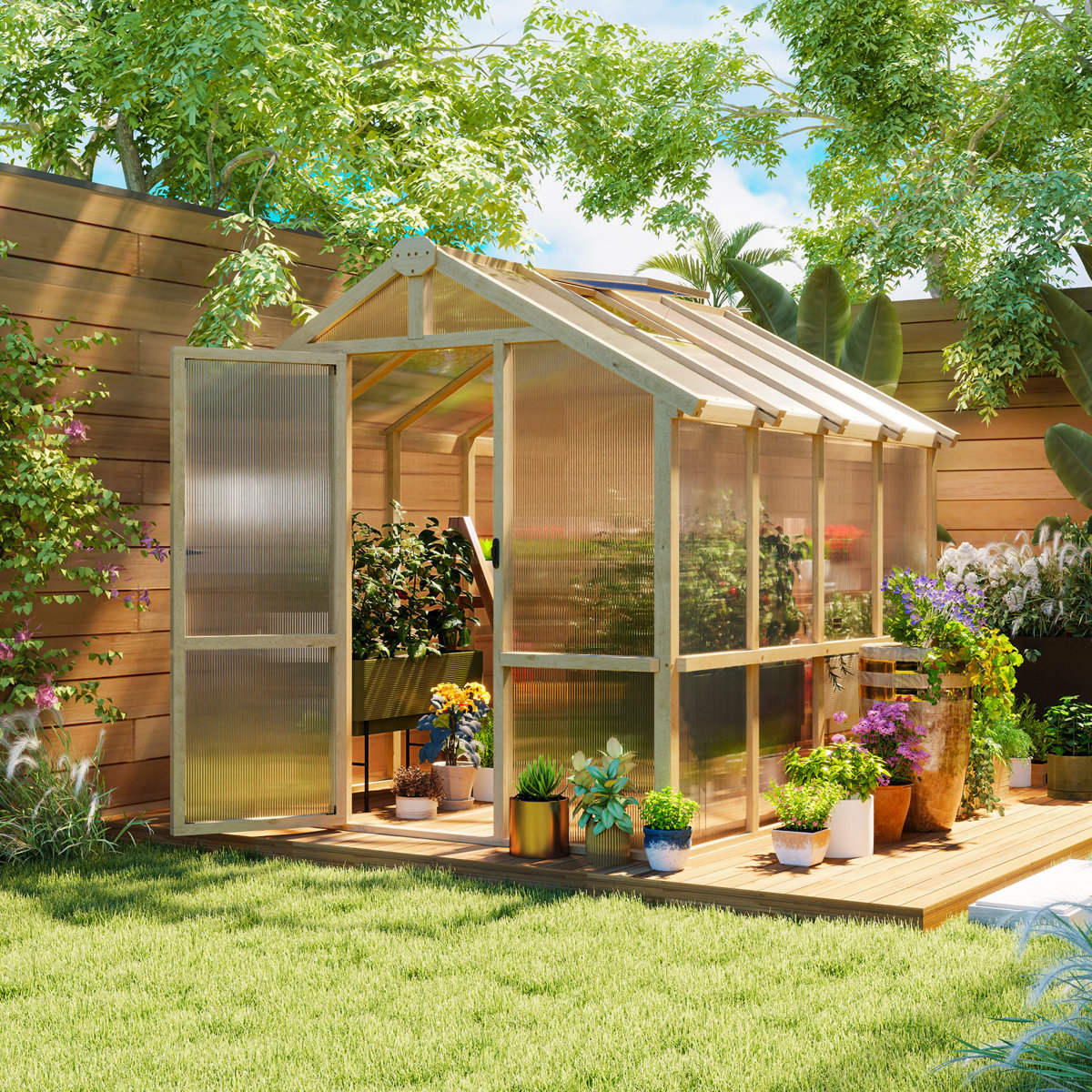 Outsunny 6.6 X 8 Ft Wooden Polycarbonate Greenhouse for Outdoors With Thickened Panels, Walk-In Greenhouse Kit for Winter Sunroom With Roof Vent and Lockable Door for Backyard Garden Patio, Brown | Wayfair