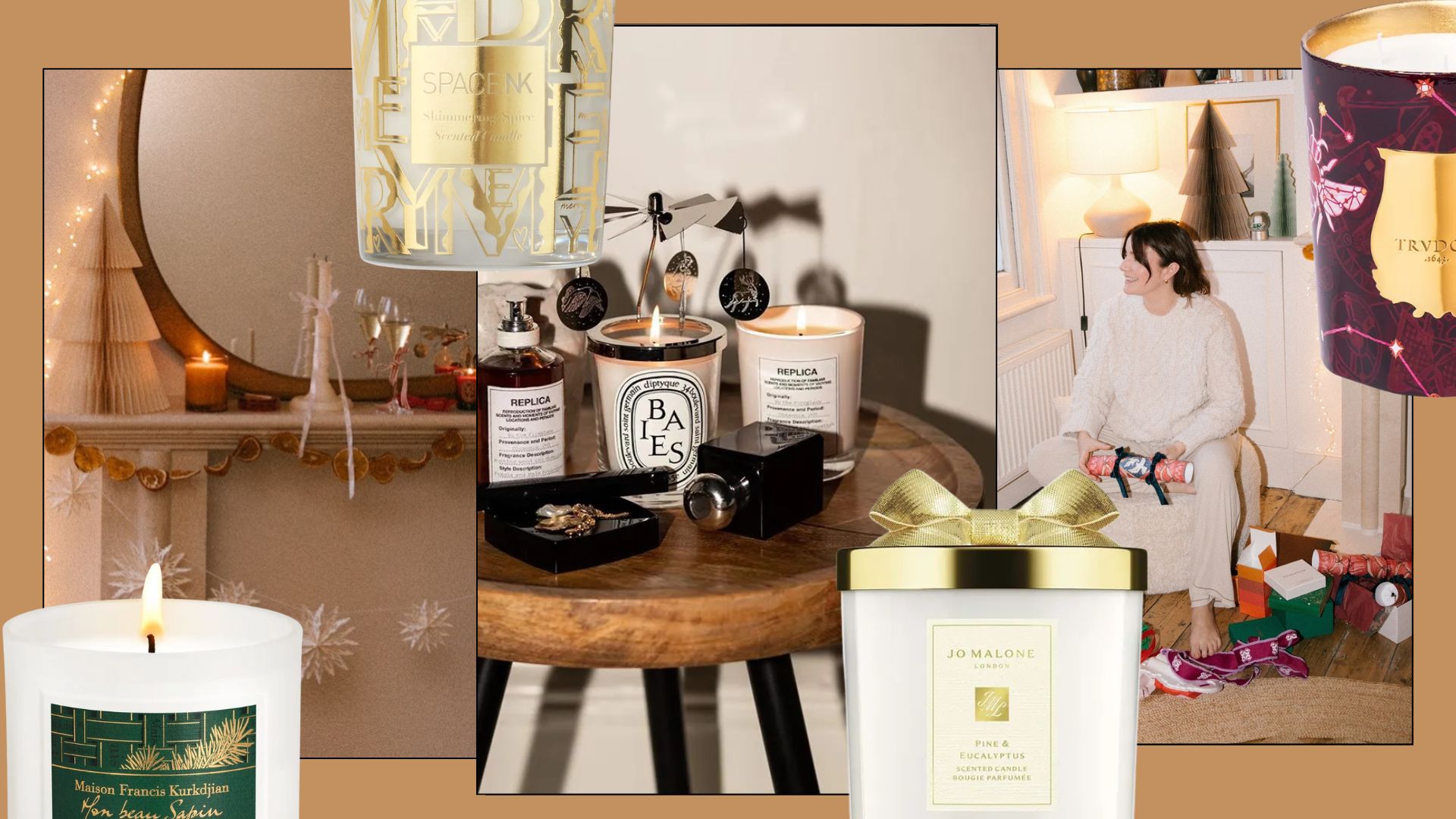 A collage of festive candle imagery and Christmas candles from the brands Maison Francis Kurkdjian, Space NK, Jo Malone London, Trudon