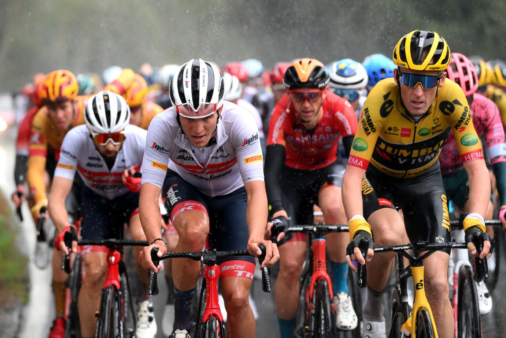 SANT FELIU DE GUIXOLS SPAIN MARCH 21 LR Marc Brustenga Masague of Spain and Team Trek Segafredo and Robert Gesink of Netherlands and Team Jumbo Visma lead the peloton in heavy rain during the 101st Volta Ciclista a Catalunya 2022 Stage 1a 171km stage from Sant Feliu de Guxols to Sant Feliu de Guxols VoltaCatalunya101 WorldTour on March 21 2022 in Sant Feliu de Guixols Spain Photo by David RamosGetty Images