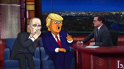 Stephen Colbert interviews Cartoon Donald Trump and Vladimir Putin