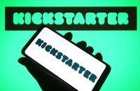 In this photo illustration, a Kickstarter, PBC logo is seen on a smartphone and on the background.