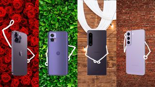 The iPhone 14 Pro, Motorola Edge 30 Neo, Sony Xperia 1 IV, and Samsung Galaxy S22 in pruple