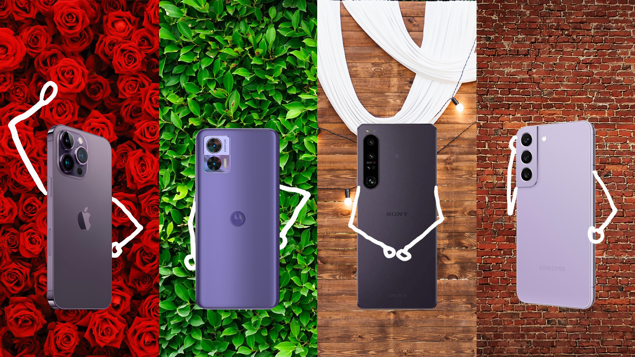 The iPhone 14 Pro, Motorola Edge 30 Neo, Sony Xperia 1 IV, and Samsung Galaxy S22 in pruple