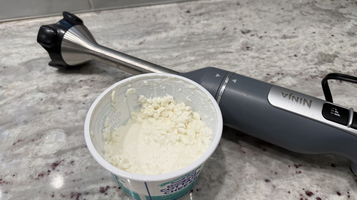 Ninja Power Duo Immersion Blender with Whisk, blended cottage cheese right in the container