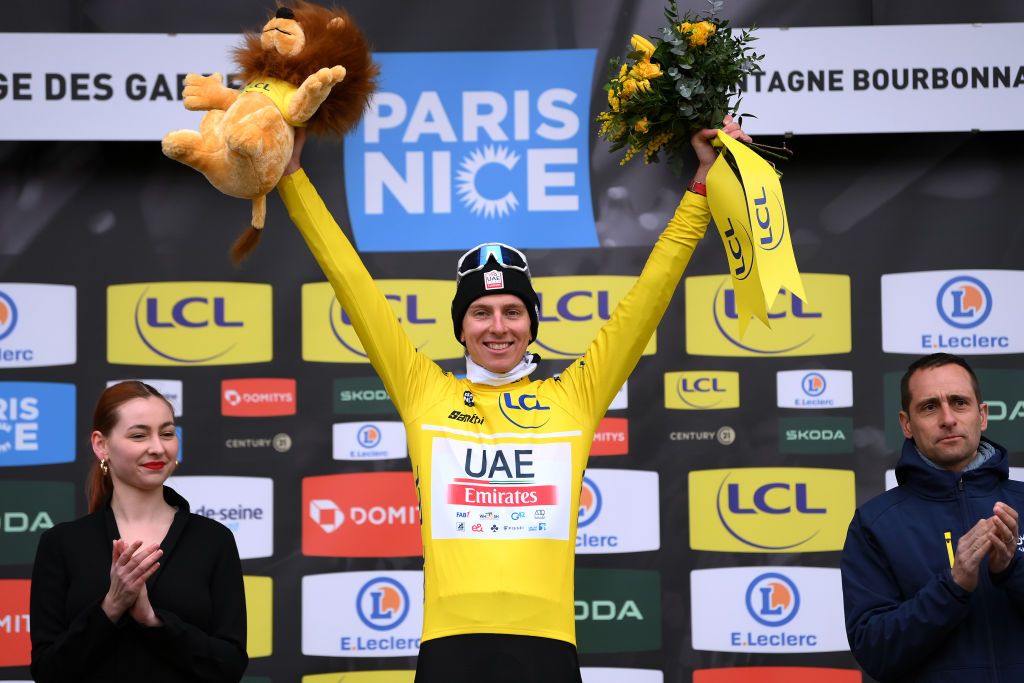 LA LOGE DES GARDES FRANCE MARCH 08 Tadej Pogacar of Slovenia and UAE Team Emirates celebrates at podium as Yellow Leader Jersey winner during the the 81st Paris Nice 2023 Stage 4 a 1647km stage from SaintAmandMontrond to La Loge des Gardes 1077m UCIWT ParisNice on March 08 2023 in La Loge des Gardes France Photo by Alex BroadwayGetty Images