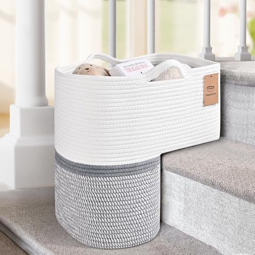 Degeyoyo Woven Stair Basket, Stair Baskets for Wooden Stairs, Carpeted Stairs Storage Basket With Handles, Staircase Baskets for Toys, Clothes, Books, Gray, 15&amp;rdquo; L X 10&amp;rdquo; W X 15&amp;rdquo; H