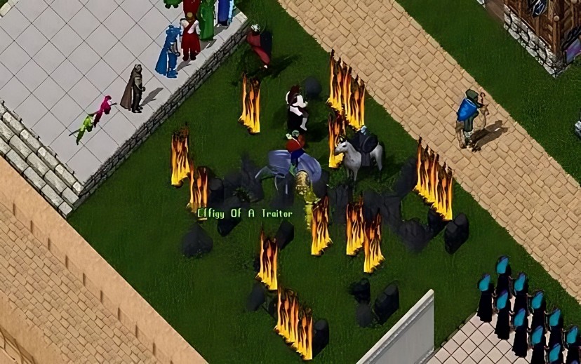 Dupers' houses being burned in Ultima Online.
