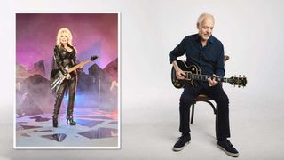 Peter Frampton sitting down playing guitar with (inset) Dolly Parton holding a guitar