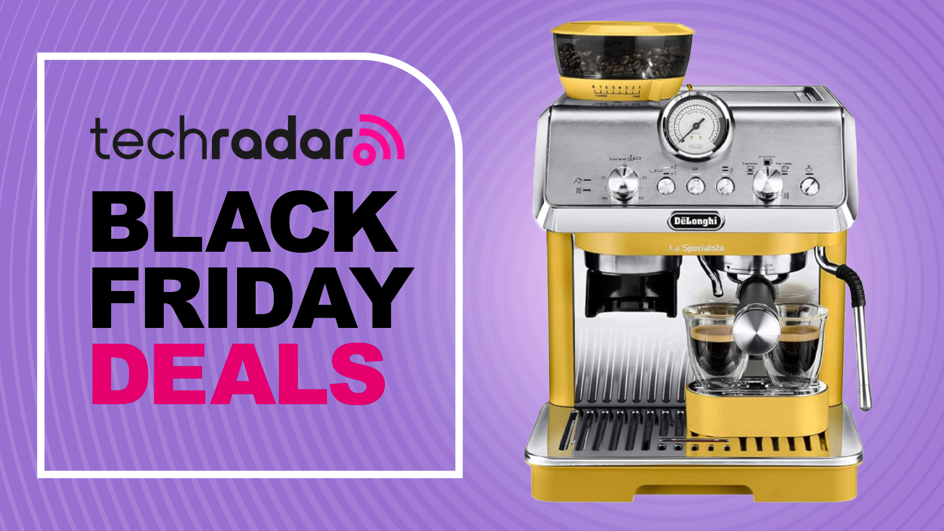 De&#039;Longhi espresso machine on purple background with text &#039;TechRadar Black Friday deals&#039;