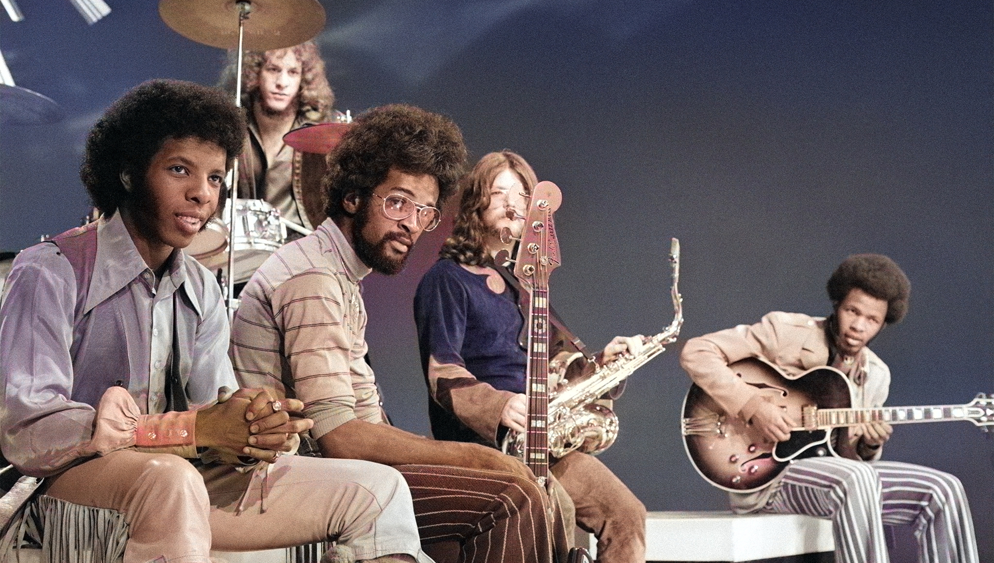 Sly and the Family Stone at rehearsal for a television appearance, October 15, 1969. from left: Sly Stone, Gregg Errico, Larry Graham, Jery Martini and Freddie Stone. 