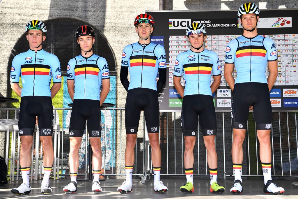 Viktor Verschaeve (left) lines up for Belgium in the under-23 road race at the 2018 UCI Road World Championships in Innsbruck, Austria