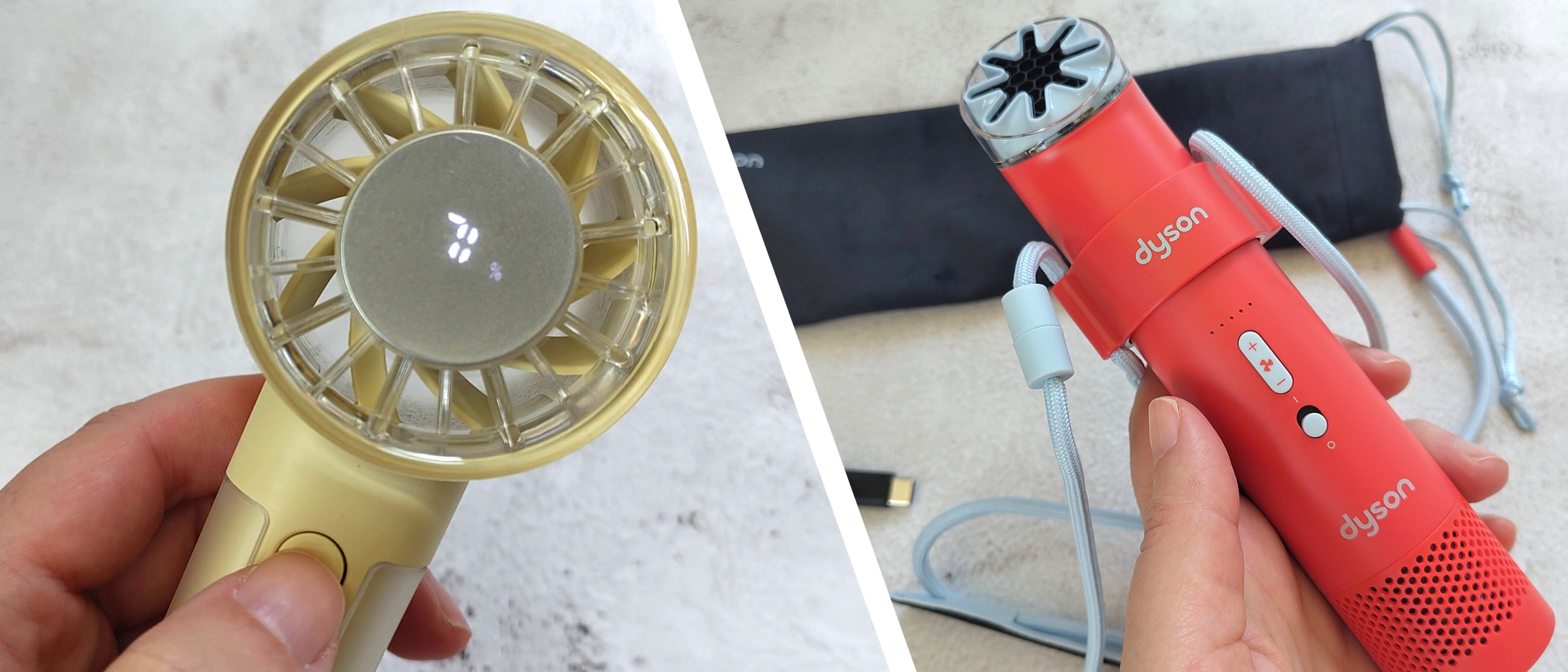 Split image showing woman's hand showing John Lewis and Dyson portable fans