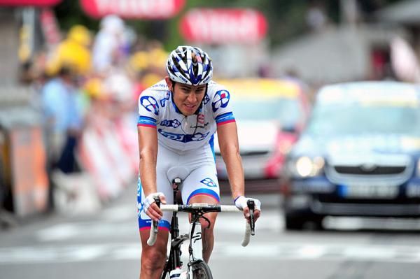 J&eacute;r&eacute;my Roy (FDJ) crosses the finish line in Lourdes for third place.