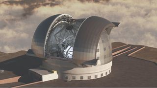 Extremely Large Telescope (ELT) graphic showing the scale of the huge dome in the landscape.