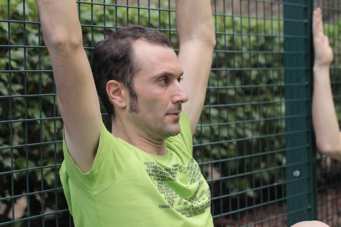 Ivan Basso during a core exercise.