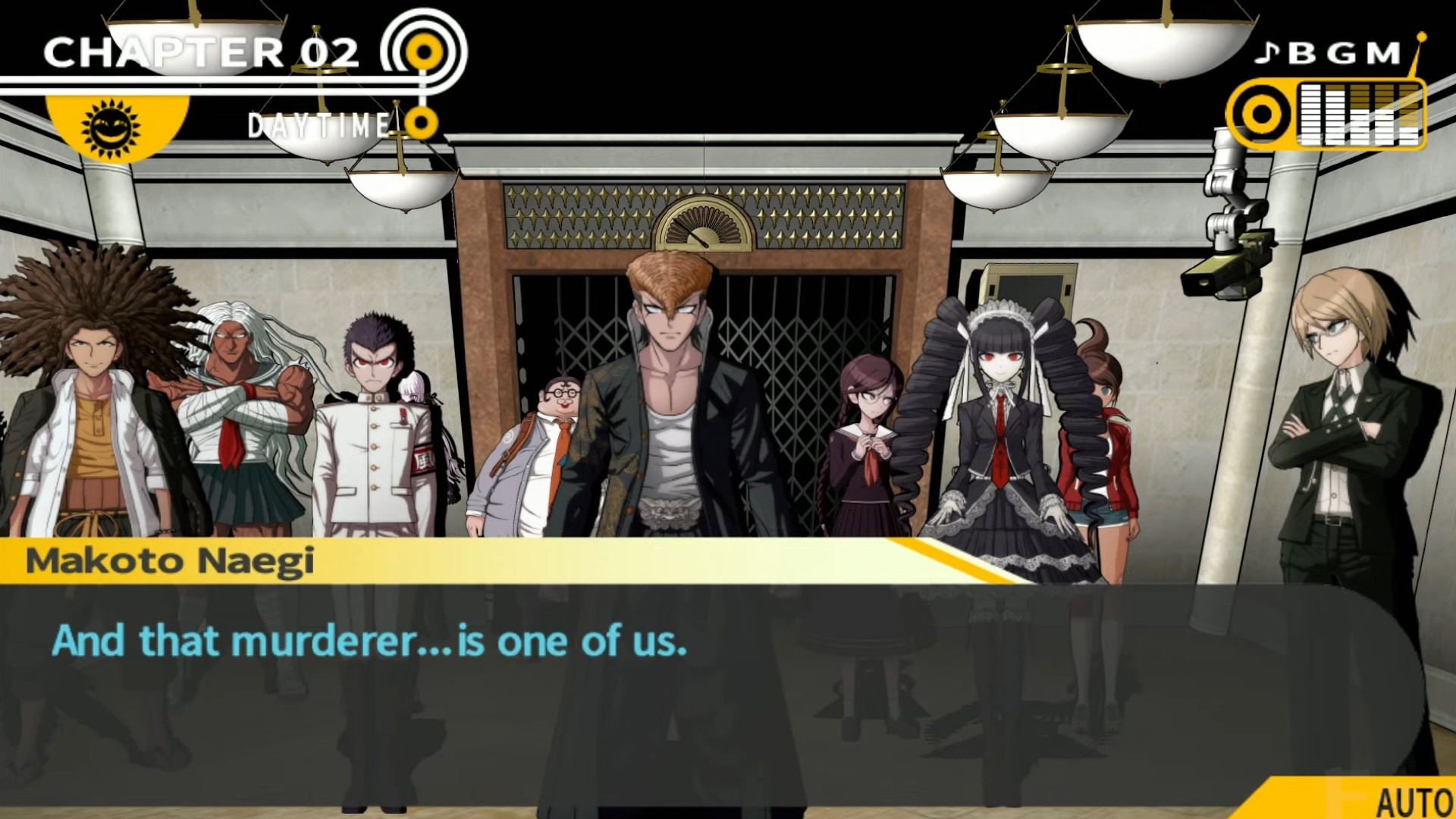 The group of classmates waiting for a Class Trial to begin during the game Danganronpa: Trigger Happy Havoc