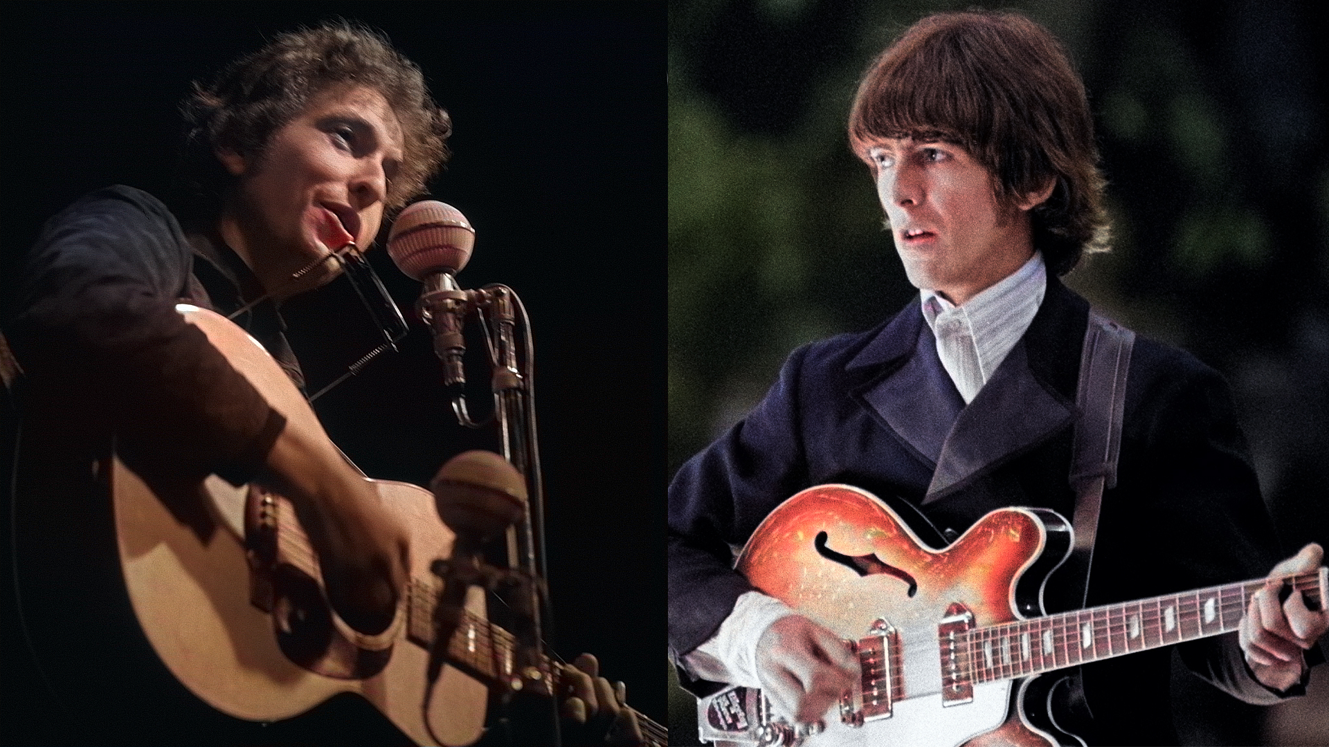 LEFT: Bob DYLAN; performing live onstage, RIGHT: George Harrison performs with the Beatles in Germany, 1966