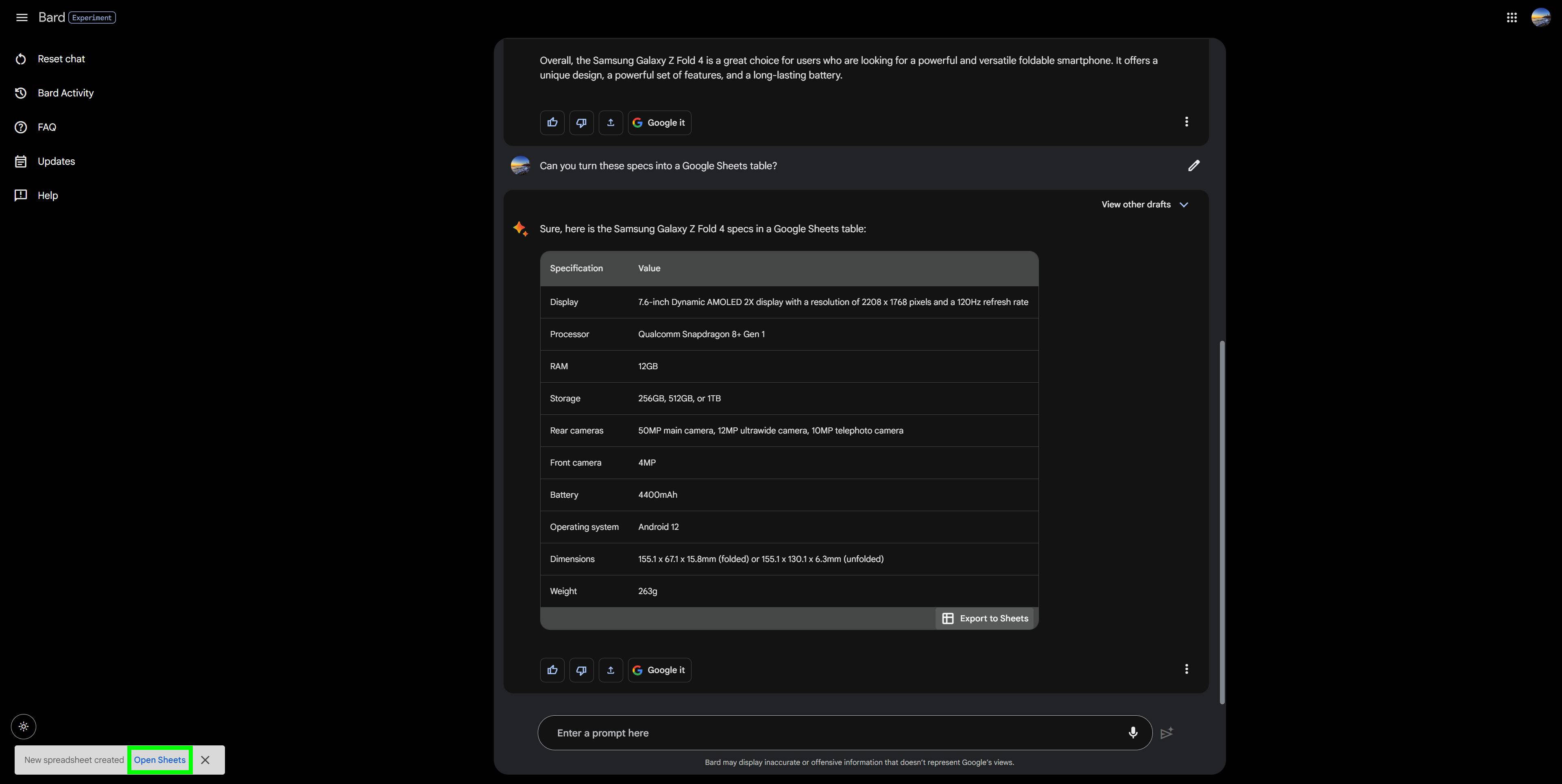 Google Bard after it has exported the table of the Samsung Galaxy Z Fold 4 specs into Google Sheets. A hyperlink saying 