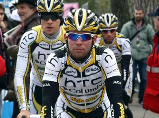 Mark Cavendish and his HTC-Columbia teammates roll to the start